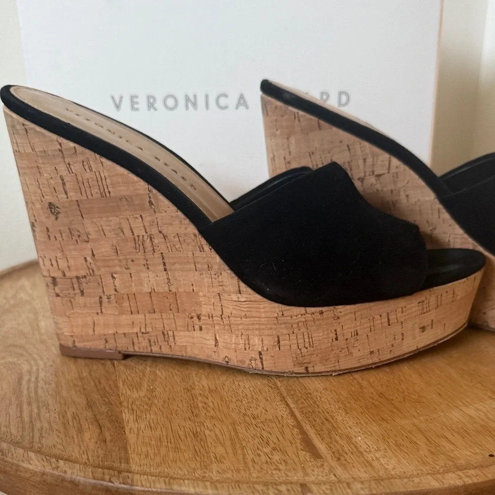 Veronica Beard Black Suede Platform Cork wedges - Picture 3 of 9